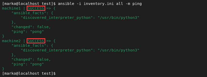 The successful ping of the Ansible inventory hosts.