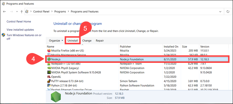 Steps to uninstall Node in Windows.