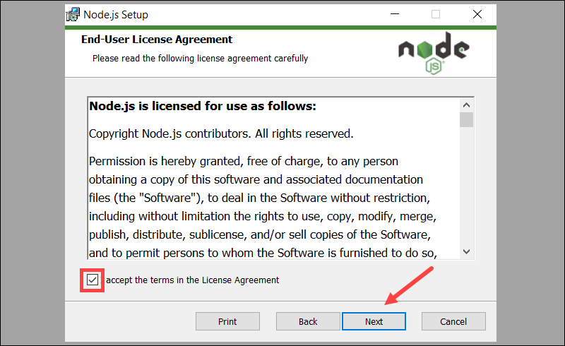 Accept Node.js license agreement.
