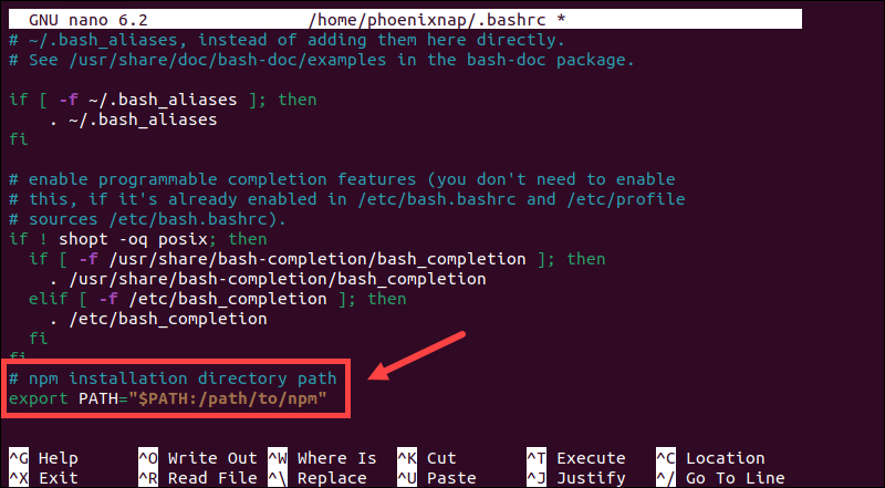 Path to npm in the .bashrc file.