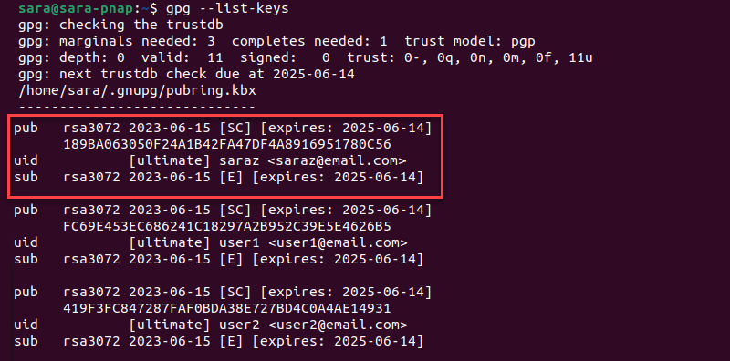 Terminal output when listing public keys with gpg.