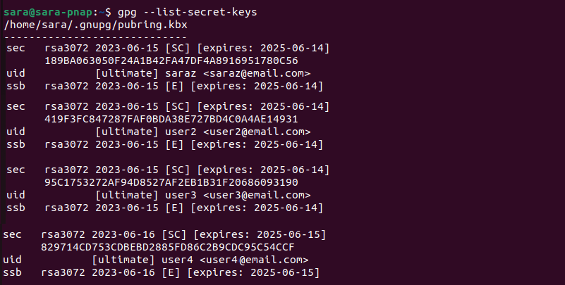 gpg --list-secret-keys deleted key confirmed terminal output