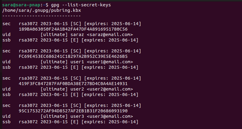 gpg --list secret-keys terminal output