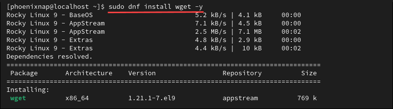 Installing wget on Fedora and Rocky Linux.