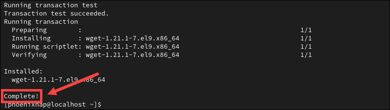 The wget installation on Rocky Linux or Fedora is complete.