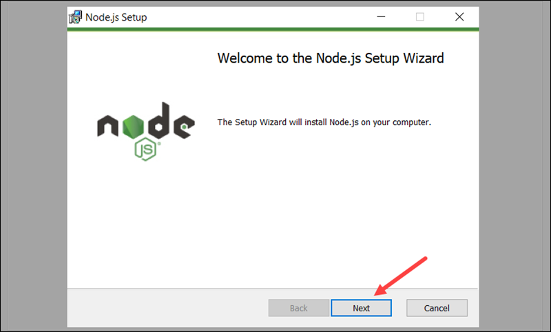 The Node.js setup wizard in Windows.