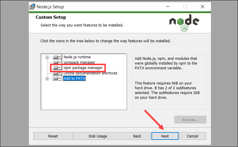 Ensure npm package is part of the Node.js installation bundle.