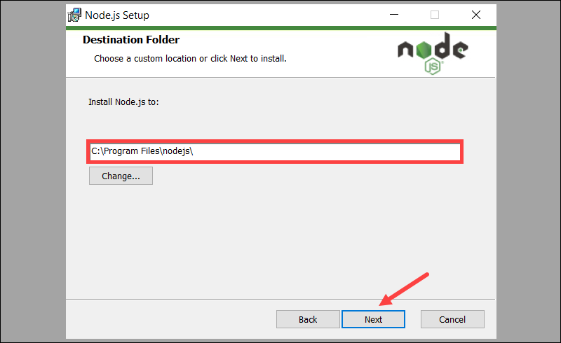 Setting up the Node.js installation folder in Windows.