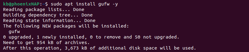 sudo apt install gufw -y terminal output