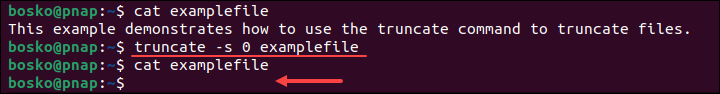 Truncating a file using the truncate command.