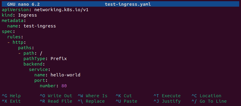 The contents of the Ingress rule YAML.