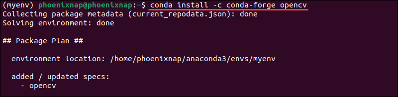 Use conda to install OpenCV in Ubuntu.