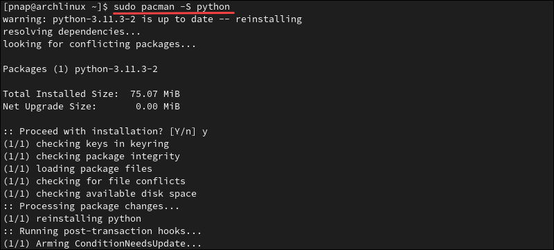Install Python 3 in Arch Linux.
