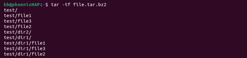 List tar.bz2 contents terminal output