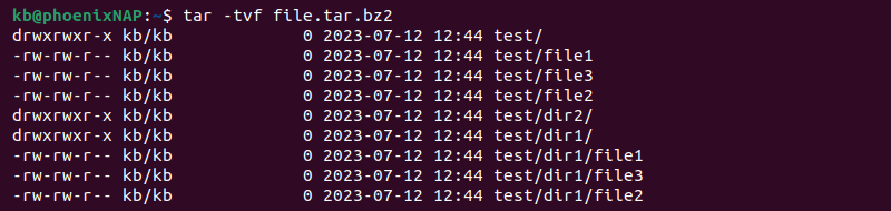 List tar.bz2 contents verbose terminal output