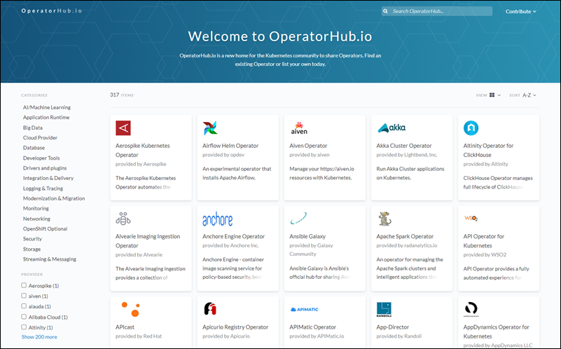 A screenshot showing the front page of OperatorHub.