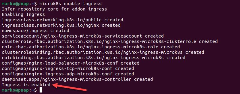 Enabling the Ingress add-on in MicroK8s.