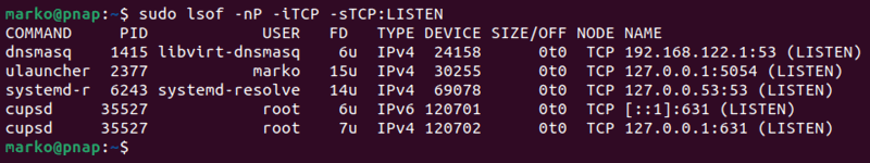 Using the lsof command to check for open ports.