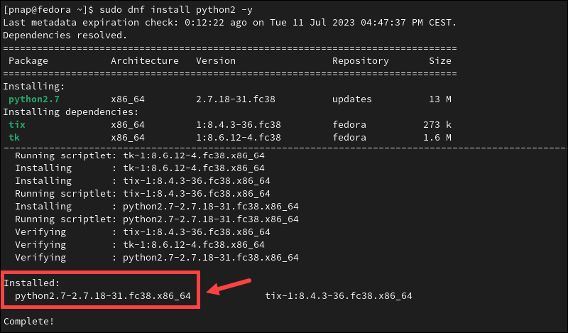Install Python 2 on Fedora 38.