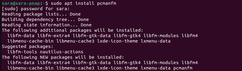 Terminal output for sudo apt install pcmanfm