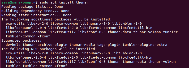 Terminal output for sudo apt install thunar