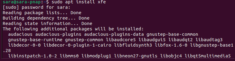 Terminal output for sudo apt install xfe