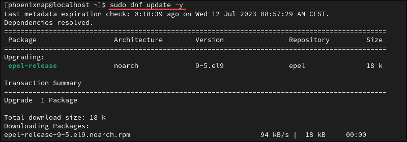 Updating packages list in Rocky Linux.