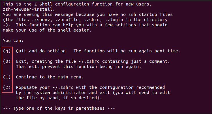 Initial Zsh configuration in Ubuntu.