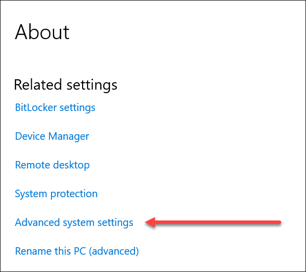 Advanced system settings in Windows