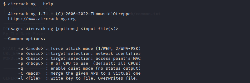 aircrack-ng help output in Kali Linux.