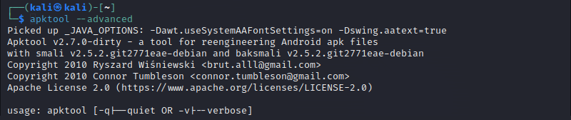 Apktool help output in Kali Linux.
