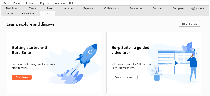 Burp Suite main page in Kali Linux.