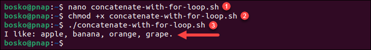 Using the for loop to concatenate strings in Bash.