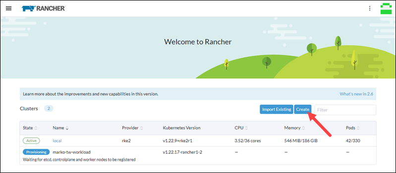 The Clusters section in the Rancher graphical interface, with the Create button on the right.