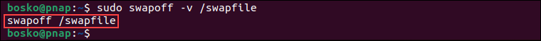 linux sudo swapoff -v /swapfile terminal output