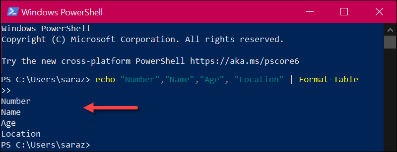echo format table PowerShell output