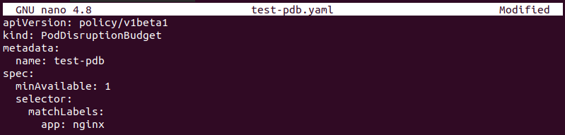 An example of a YAML file that defines a pod disruption budget.