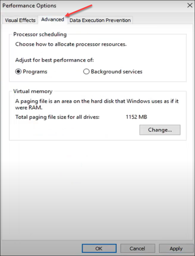 Advanced tab in performance options window in Windows