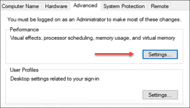 Advanced system performance settings in Windows