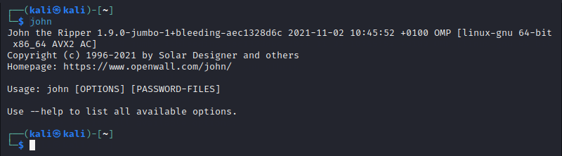 John the Ripper version output in Kali Linux.