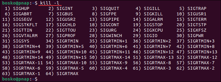 Listing the available signals for the kill command.