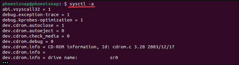 List all kernel parameters using the sysctl command.