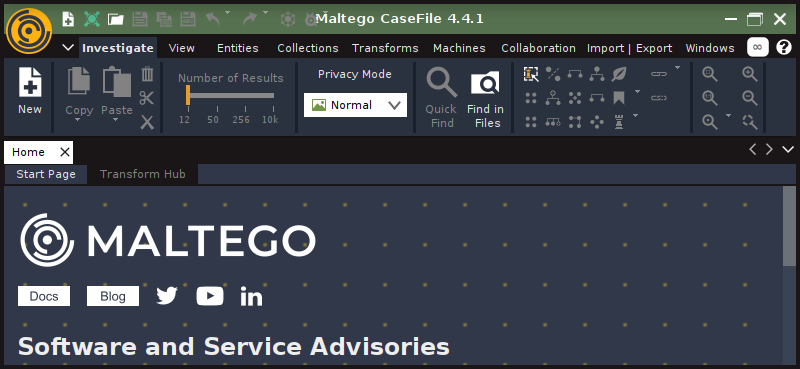 Maltego home screen in Kali Linux.