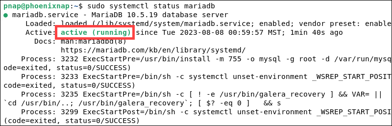 Status of the MariaDB service on Debian 11.