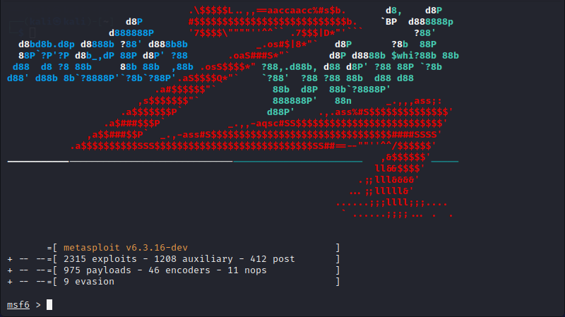 Metasploit logo and version in Kali Linux.