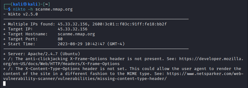 Nikto help output in Kali Linux.