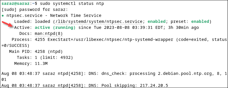 Output for sudo systemctl status ntp