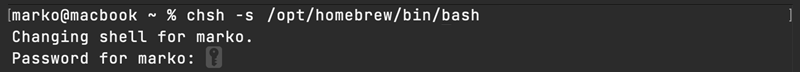 Changing the shell to the Homebrew version of Bash in macOS.