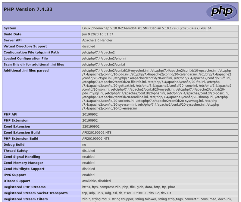 PHP configuration page on Debian LAMP stack.