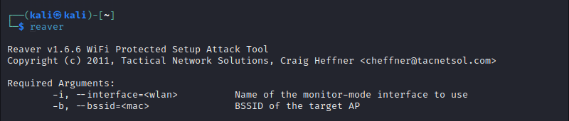 Reaver help output in Kali Linux.